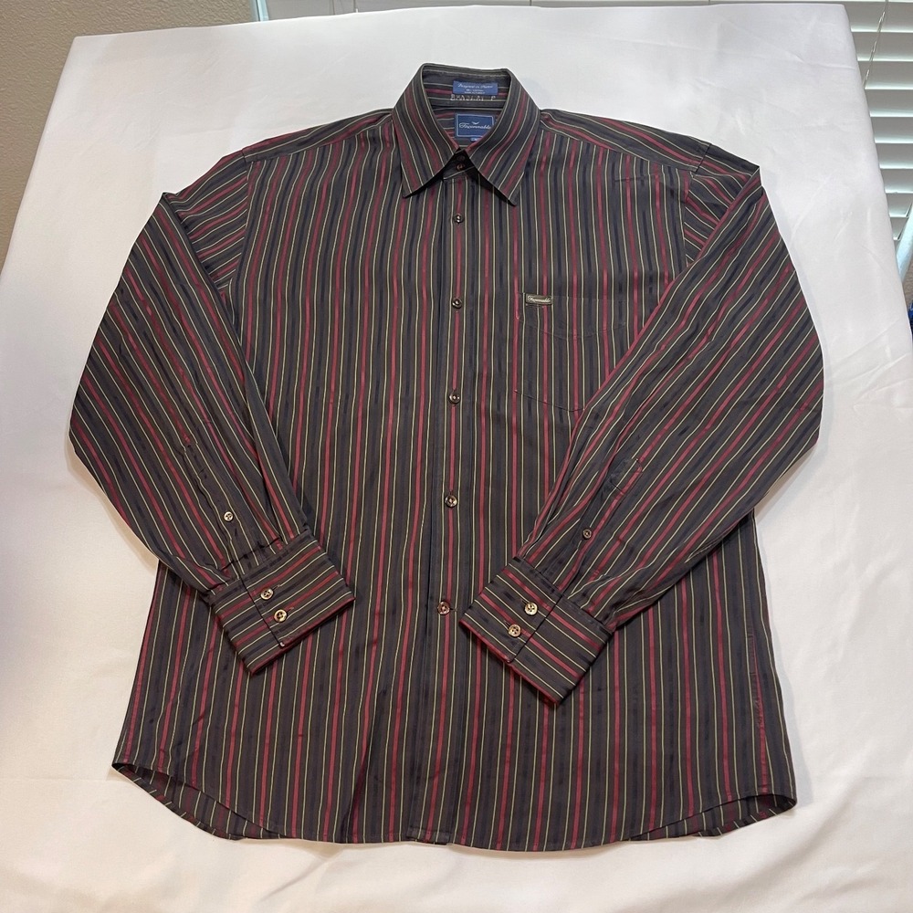 Faconnable Mens M Brown Multicolor Striped Button Up Shirt 100% Cotton France